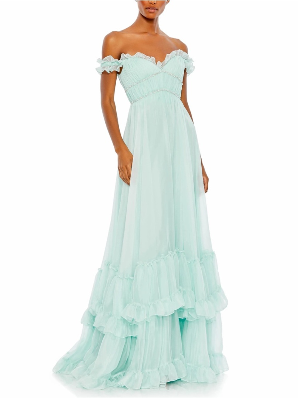 Mac Duggal Mint Green Off-Shoulder Ruffled Maxi Gown